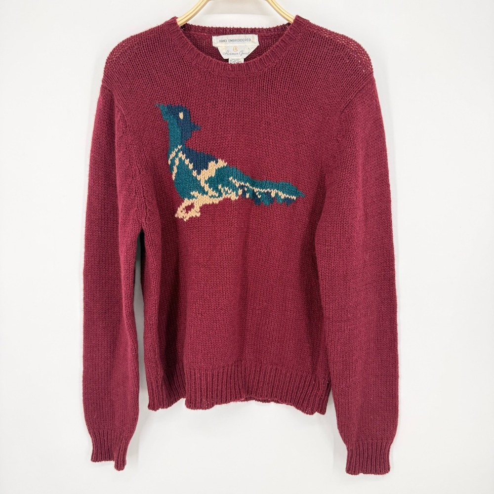 Herman Geist Sweater Womens L Burgundy Fair Pheasant Wool Vintage Hand Embroider